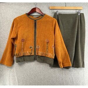 Canvasbacks 2 Piece Set Orange Fleece Sweater P / XS Green Pencil Skirt 2 Petite